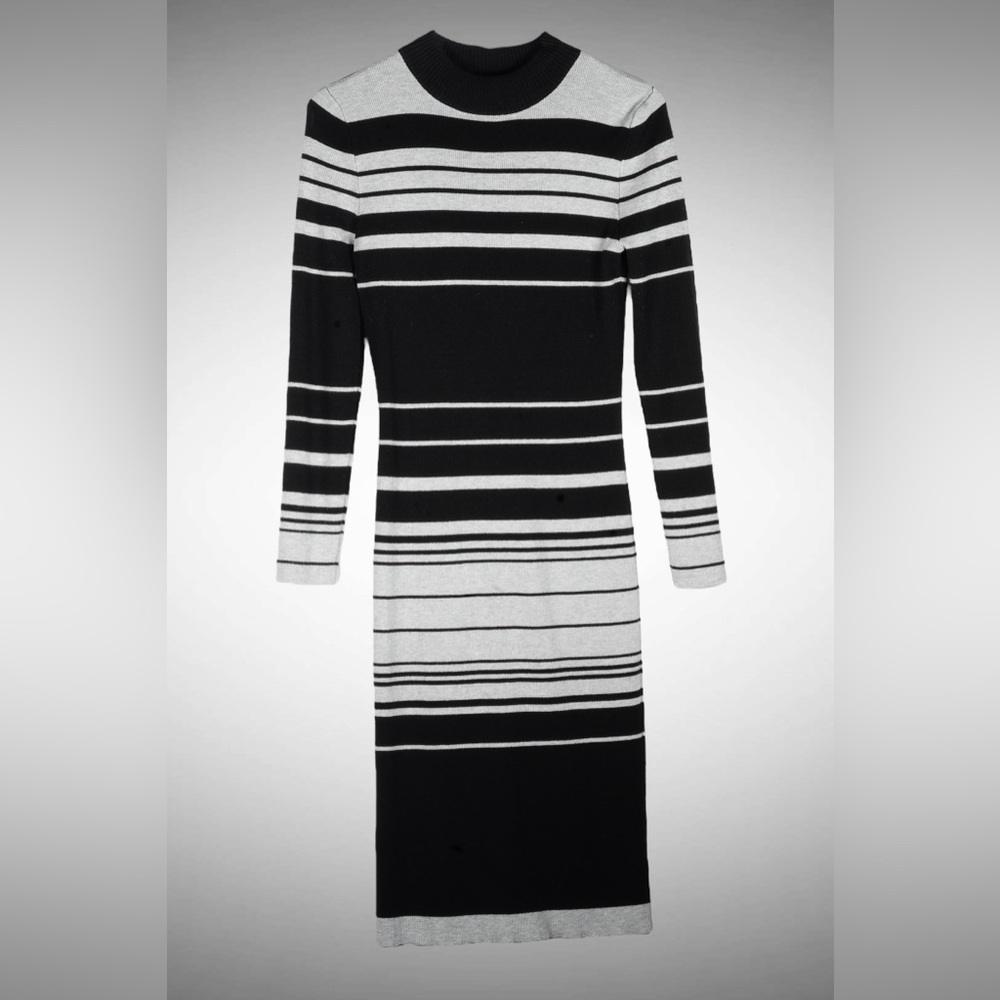 Love Always by FCT Black & Gray Striped Mock-Neck Sweater Midi Dress – Size XL - Picture 8 of 17